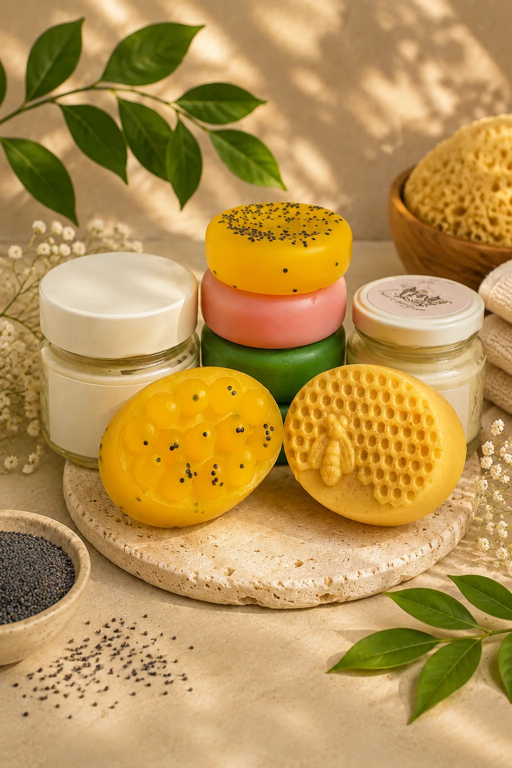 Sabonetes e velas Wolff Aromas sobre pedra clara, com folhagens e luz natural